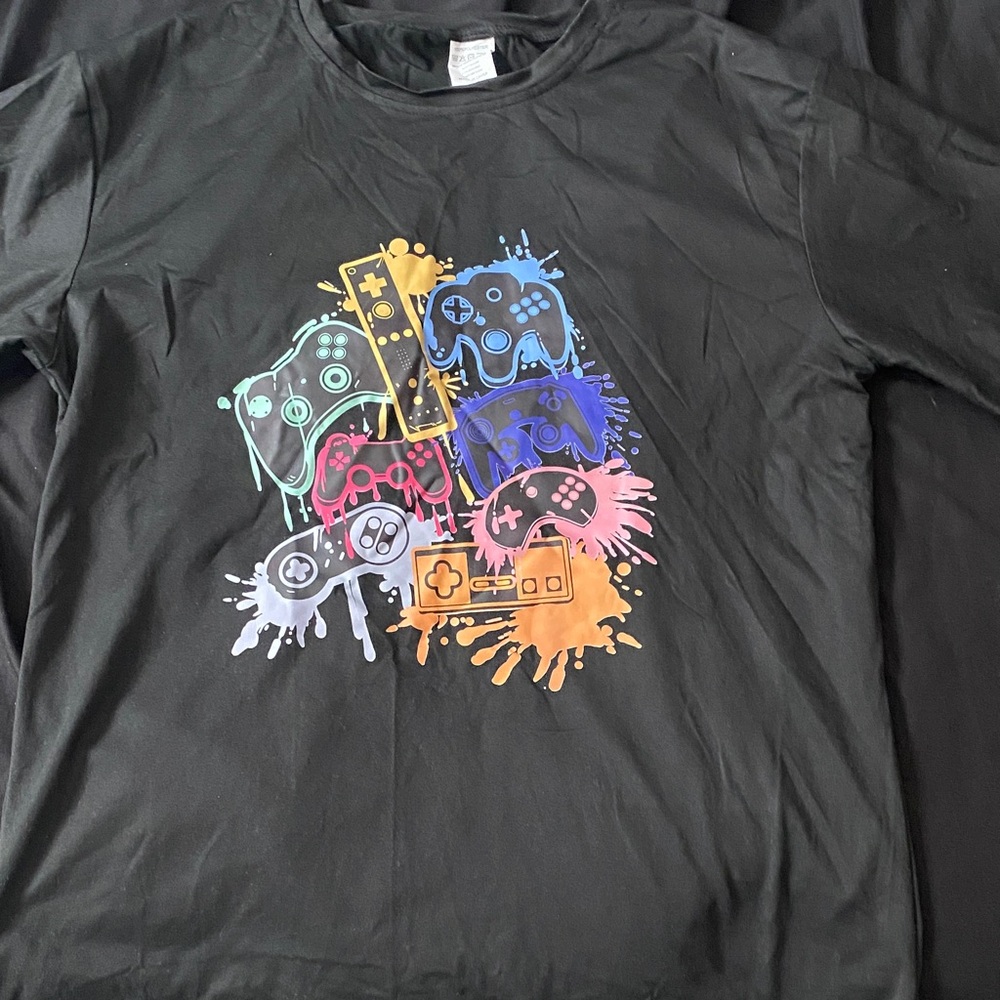 SHEIN Black Graphic Tee with Colorful Game Controllers